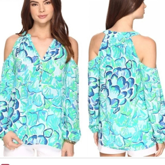 Lilly Pulitzer Tops - LILLY PULITZER Sunny Shoulder Silk Elsa Blouse Agate Green Lazy River Size Large